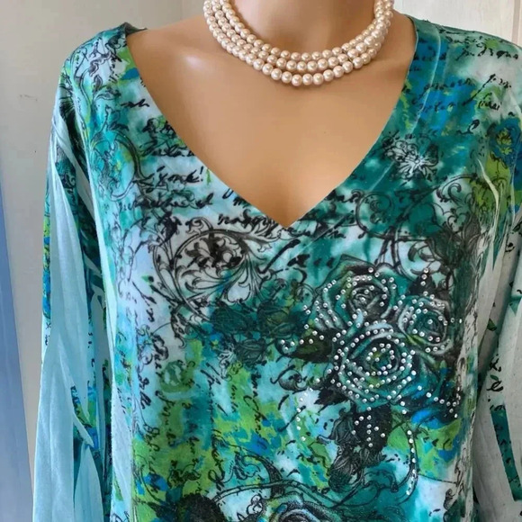 Lane Bryant Floral Print Gemstones V Neck Beach Summer Artsy Top Womens 18/20 - Picture 6 of 8